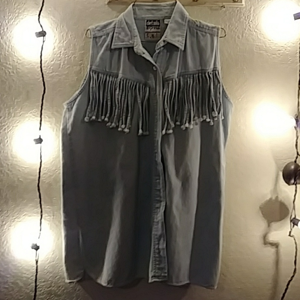 Chambray Sleeveless Top w/Fringe